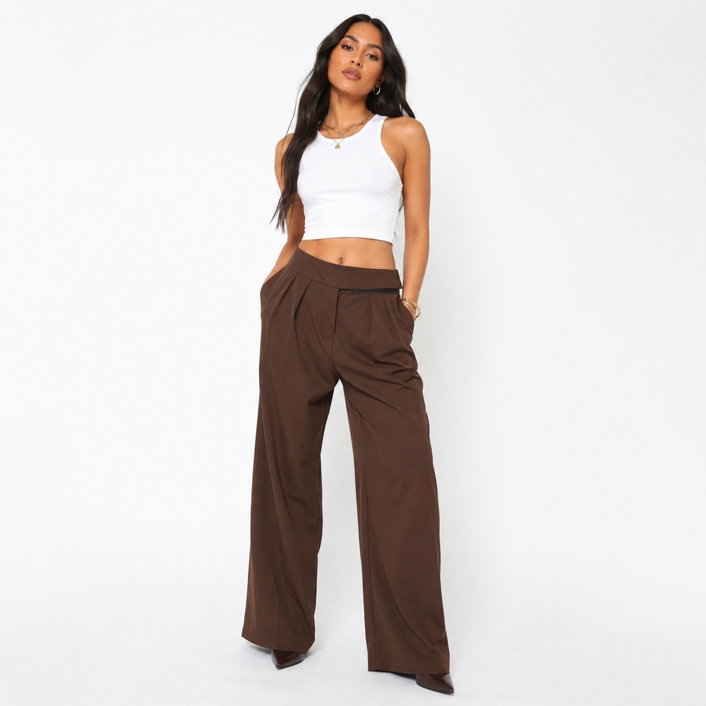 Commense Brown Wide Leg Pleated Trousers High Waisted Size L NWT